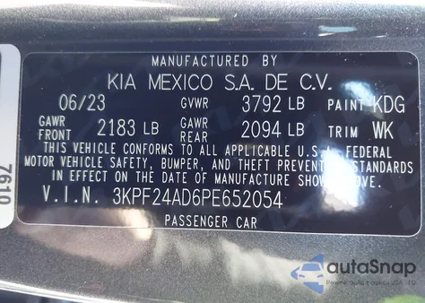 2023 Kia Forte Lxs из США, поврежденный, VIN 3KPF24AD6PE652054